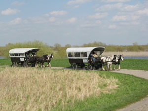 Zwei Planwagen vor der Elbe